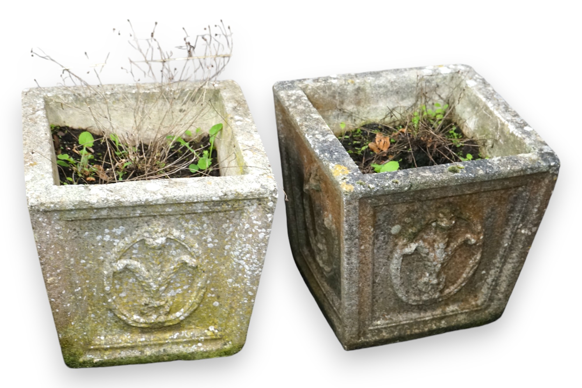 A pair of square tapered reconstituted stone garden planters